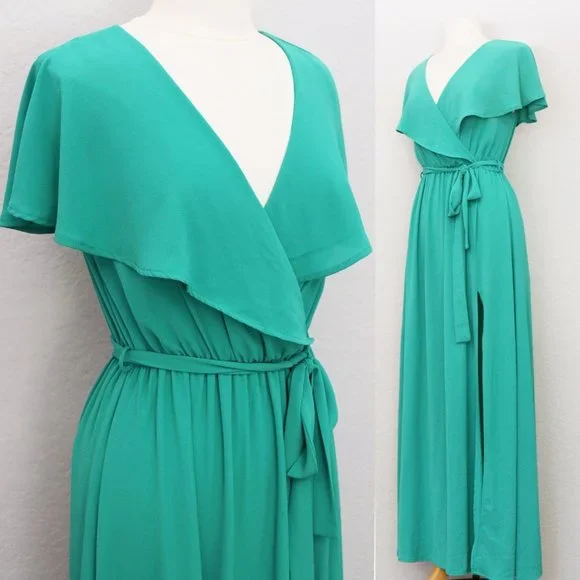 Vici Lost in the Moment Maxi Dress Cape Surplice Wrap V Neck Slit Green S $68 - Picture 3 of 12